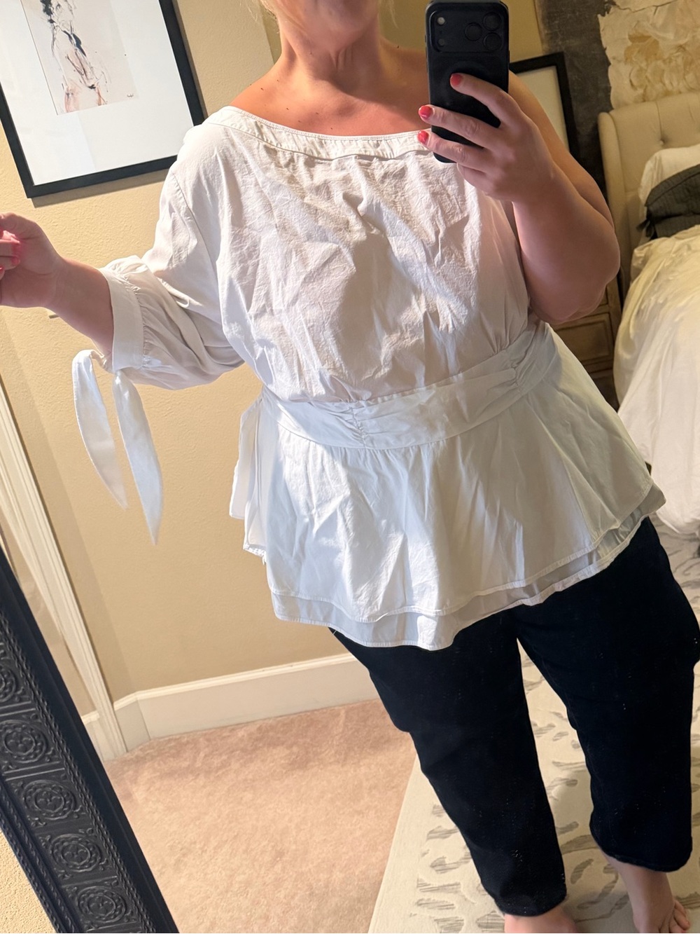 White Tie-Sleeve Peplum One Shoulder Top - Women